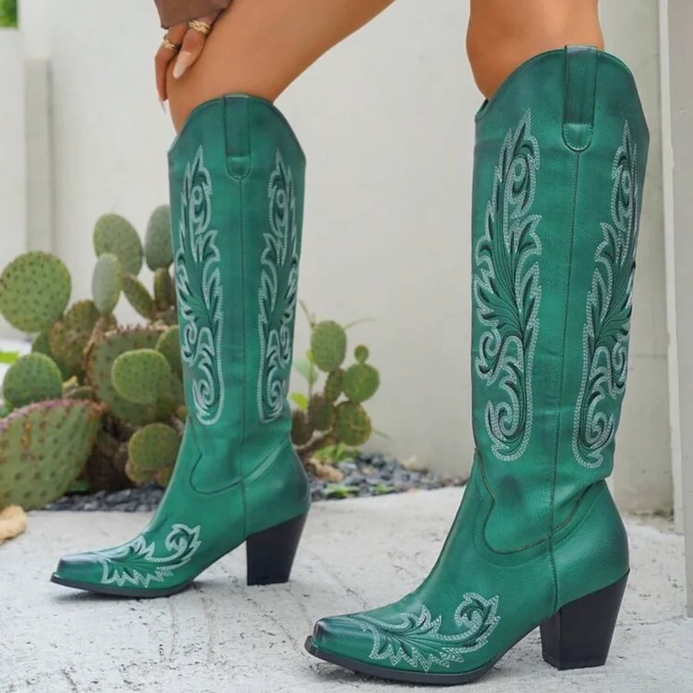 Women's Western Embroidered Pull-On Knee High Boots, Chunky Heel V-Cut Boots